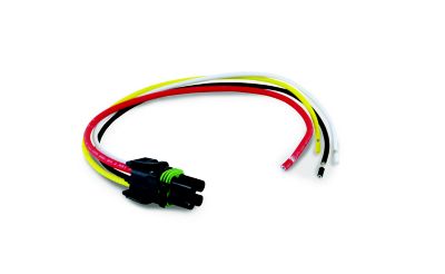 Weather Pack 4-way connector plug with red, yellow, black, and white wires, designed for secure electrical connections.