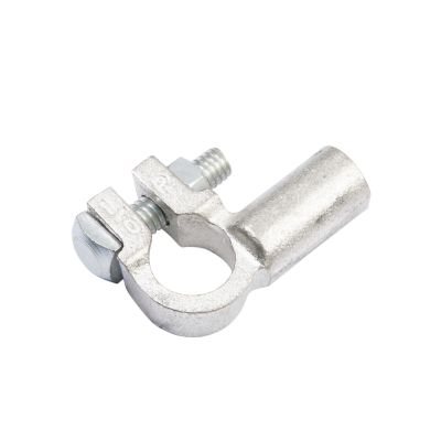 Right angle copper battery terminal with positive orientation, designed for secure connections in automotive applications.
