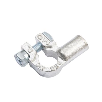Copper battery terminal with right angle design, showcasing bolt and nut for secure connection, suitable for positive terminal use.