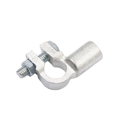Right angle copper battery terminal with bolts, designed for negative connections in automotive applications.