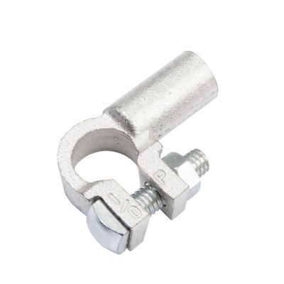 Copper battery terminal with left angle design and positive pole, featuring sturdy construction and secure connection points.