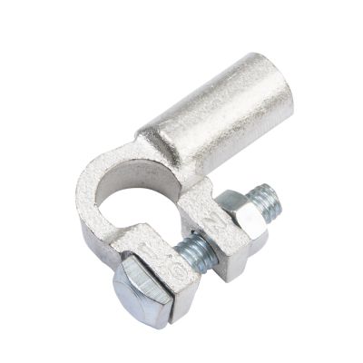 Copper battery terminal, left angle design for 1/0 gauge cables, featuring a negative connection with durable construction.