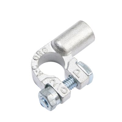 Copper battery terminal with left angle design for positive connection, featuring bolt assembly for secure attachment.