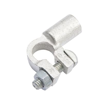 Copper battery terminal with left angle design, bolt fastening, and a smooth metallic finish, ideal for secure connections.
