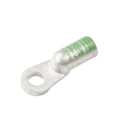 Heavy-duty copper crimp lug with green markings, designed for reliable electrical connections.