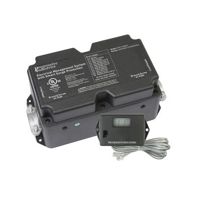 Hardwired RV surge protector with remote display by Progressive Industries, showcasing durability and advanced protection features.