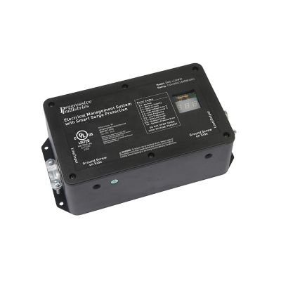 Hardwired RV electrical management system surge protector with integrated display, showing Progressive Industries branding.