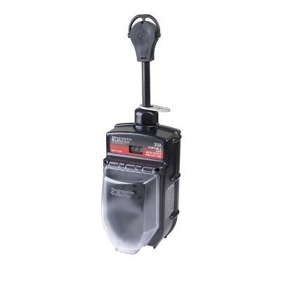 Portable RV surge protector with clear display and durable casing.