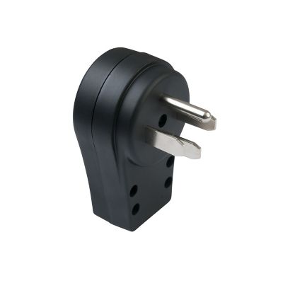 Black RV electrical adapter with metal prongs, suitable for Progressive Industries RV accessories.