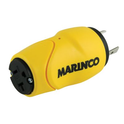 Black and Yellow Marinco Straight Adapter that converts 30A 125V male to 15A 125V female