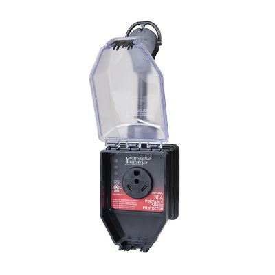 30A portable surge protector with open cover, showing plug socket and safety features. Perfect for outdoor power protection.