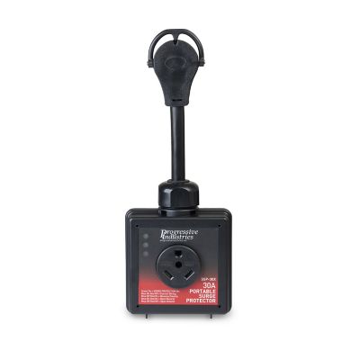 Portable 30A surge protector with cord, designed to safeguard against electrical surges, featuring LED indicators and plug.