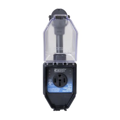 Portable 50A surge protector with clear protective cover, designed for electrical safety and durability.
