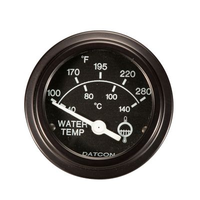 Datcon water temperature gauge showing dual scale for Fahrenheit and Celsius. Ideal for monitoring engine temperatures.
