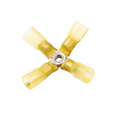 Yellow heat shrink and crimp X connector for 12-10 gauge wires, featuring durable construction and reliable insulation.