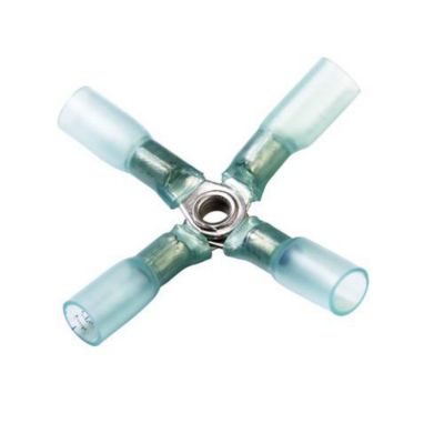 Blue heat shrink and crimp X connector, showcasing four sleeves with a central metal ring for wire connection.