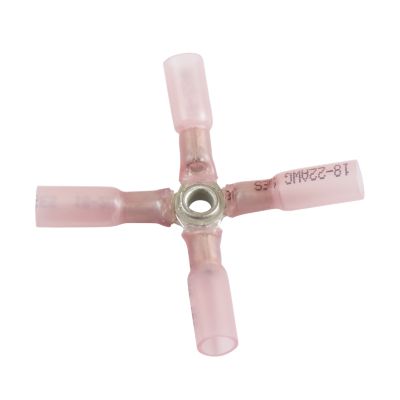 Red NSPA KS54-16 heat shrink and crimp X connector, designed for 22-18 gauge wires, showcasing a cross shape.