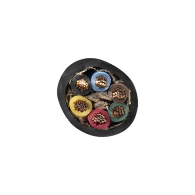 Slice view of black trailer cable with six colored conductors: Red, Green, Brown, White, Black and Yellow ideal for electrical connections.