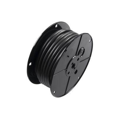 Black trailer wire spool with durable casing, showcasing coiled wire for easy storage and installation.