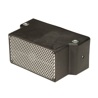 Black heavy-duty ECCO back-up alarm with a perforated front, designed for 700 Series vehicles.