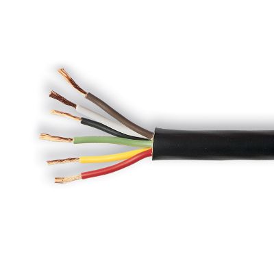 Trailer cable with six colored wires: red, green, brown, white, black, and yellow, encased in a black sheath.