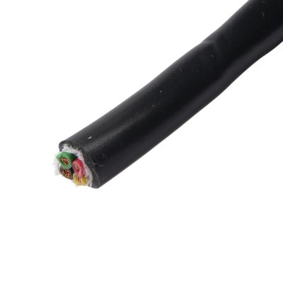 Black trailer cable with four colored conductors: red, brown, yellow, and green, ideal for electrical connections.
