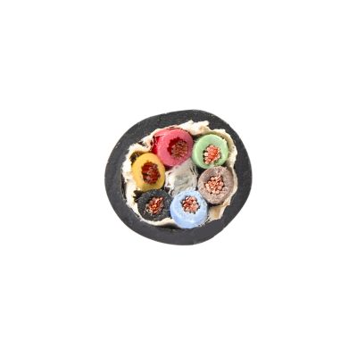 Trailer cable with six colored wires: red, green, brown, white, black, and yellow, encased in a black sheath.