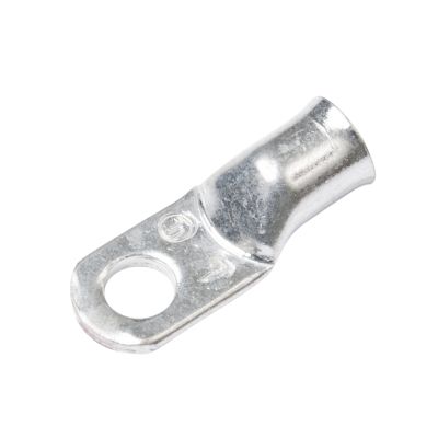 Tin-plated copper lug for 8 gauge wire with a circular hole, ideal for electrical connections and secure cable attachment.