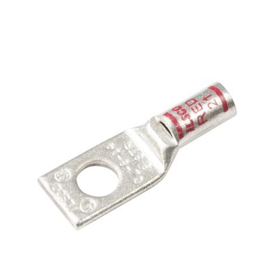 Copper compression lug from FTZ Industries with a hole and red markings, designed for cable connections.