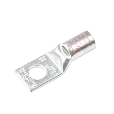 Copper compression lug for 1/0 gauge wire by FTZ Industries, featuring a metallic finish and mounting hole.