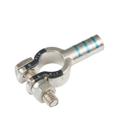 Pure copper RoHS battery terminal by FTZ Industries, straight design, negative connection, featuring dual bolts.