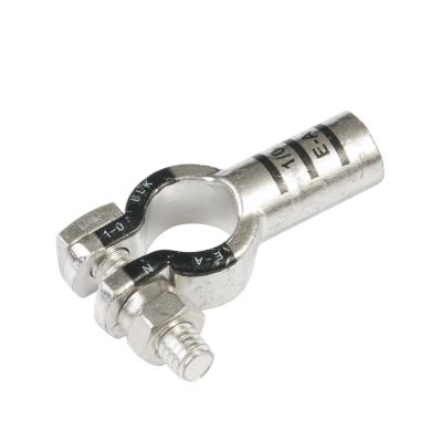 Pure copper RoHS battery terminal by FTZ Industries, showcasing robust, straight design with two bolts, negative connection type.