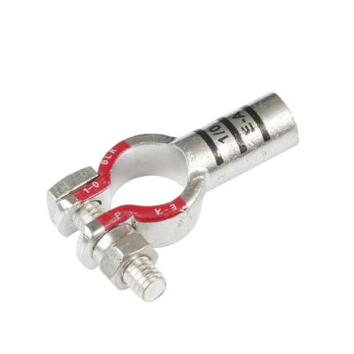 Pure copper battery terminal from FTZ Industries, straight design, featuring detailed markings and robust construction.