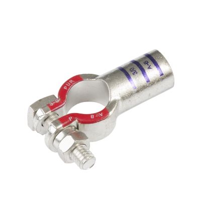 Pure copper RoHS battery terminal by FTZ Industries with straight design, showcasing bolts and markings for 3/0 Ga connections.