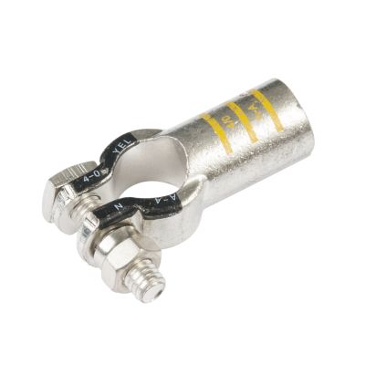 Pure copper RoHS-compliant battery terminal by FTZ Industries, straight design, for negative connections, 4/0 gauge.