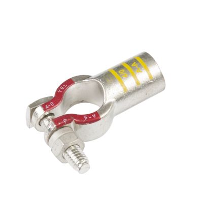 Pure copper battery terminal, RoHS compliant, straight design with bolt detail, suitable for 4/0 gauge applications.