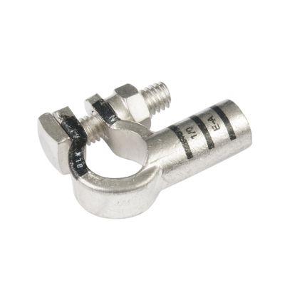 Pure copper RoHS battery terminal, right elbow design, showcasing durable construction and precise engineering.