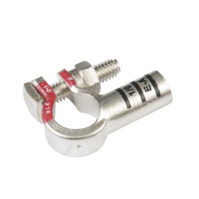 Pure copper RoHS-compliant right elbow battery terminal by FTZ Industries, optimized for positive connections.