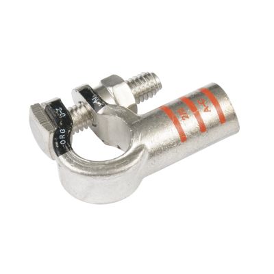 Pure copper RoHS battery terminal by FTZ Industries, featuring a right elbow design with visible bolt and markings.