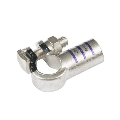 Pure copper RoHS battery terminal, right elbow design, FTZ Industries, showcasing metallic finish and bolt feature.