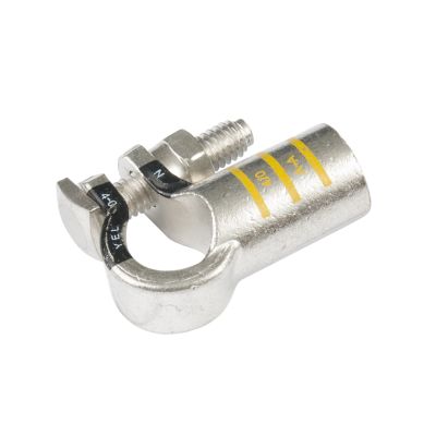 Pure copper RoHS-compliant battery terminal, right elbow design, showcases industrial quality and durable construction.