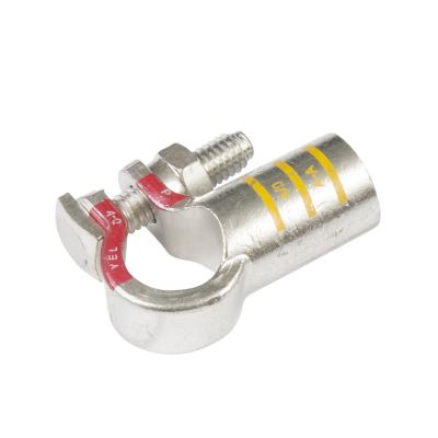 Pure copper battery terminal by FTZ Industries, featuring RoHS compliance and a right elbow design for optimal connectivity.