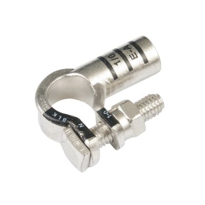 Pure copper RoHS battery terminal, left elbow design, with a bolt fastening system by FTZ Industries.