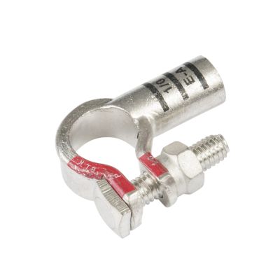 Pure copper battery terminal from FTZ Industries with left elbow design and bolt fastening mechanism.