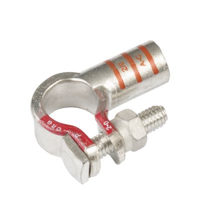 Pure copper battery terminal with a left elbow design, featuring RoHS compliance and bolt attachment.