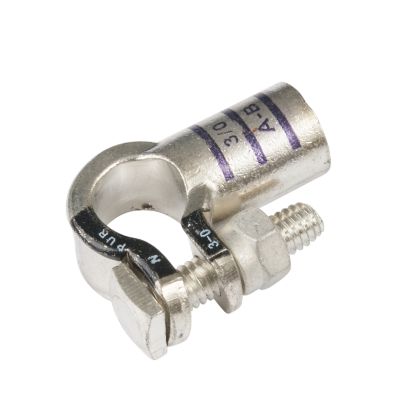 Pure copper RoHS battery terminal from FTZ Industries featuring a left elbow design and sturdy construction.