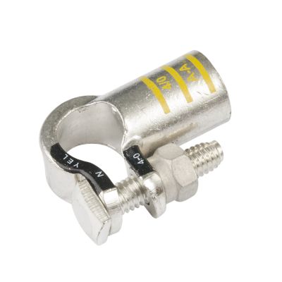Pure copper battery terminal by FTZ Industries, RoHS compliant, left elbow design. Features secure fastening.