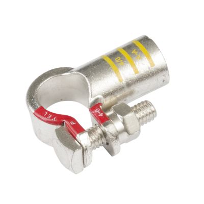 Pure copper battery terminal with red accent, designed for positive left elbow connection, featuring RoHS compliance.