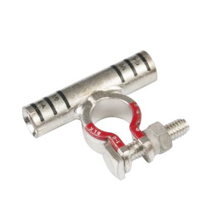 Pure copper RoHS battery terminal with a T-shaped connector and secure fastening bolt.