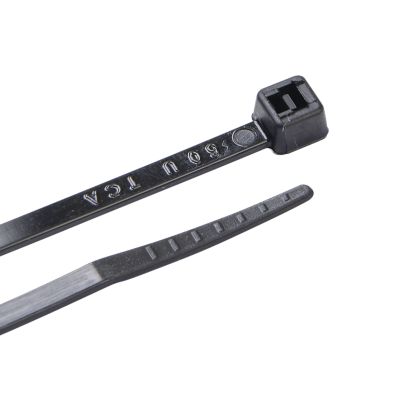 Black HellermannTyton T18S0C2 standard cable tie with locking teeth and a square clasp, ideal for securing cables.